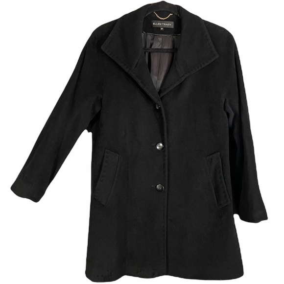 Ellen Tracy Wool & Angora Single Breasted 4-Button Black Car Coat Size 6 Petite - Picture 4 of 15